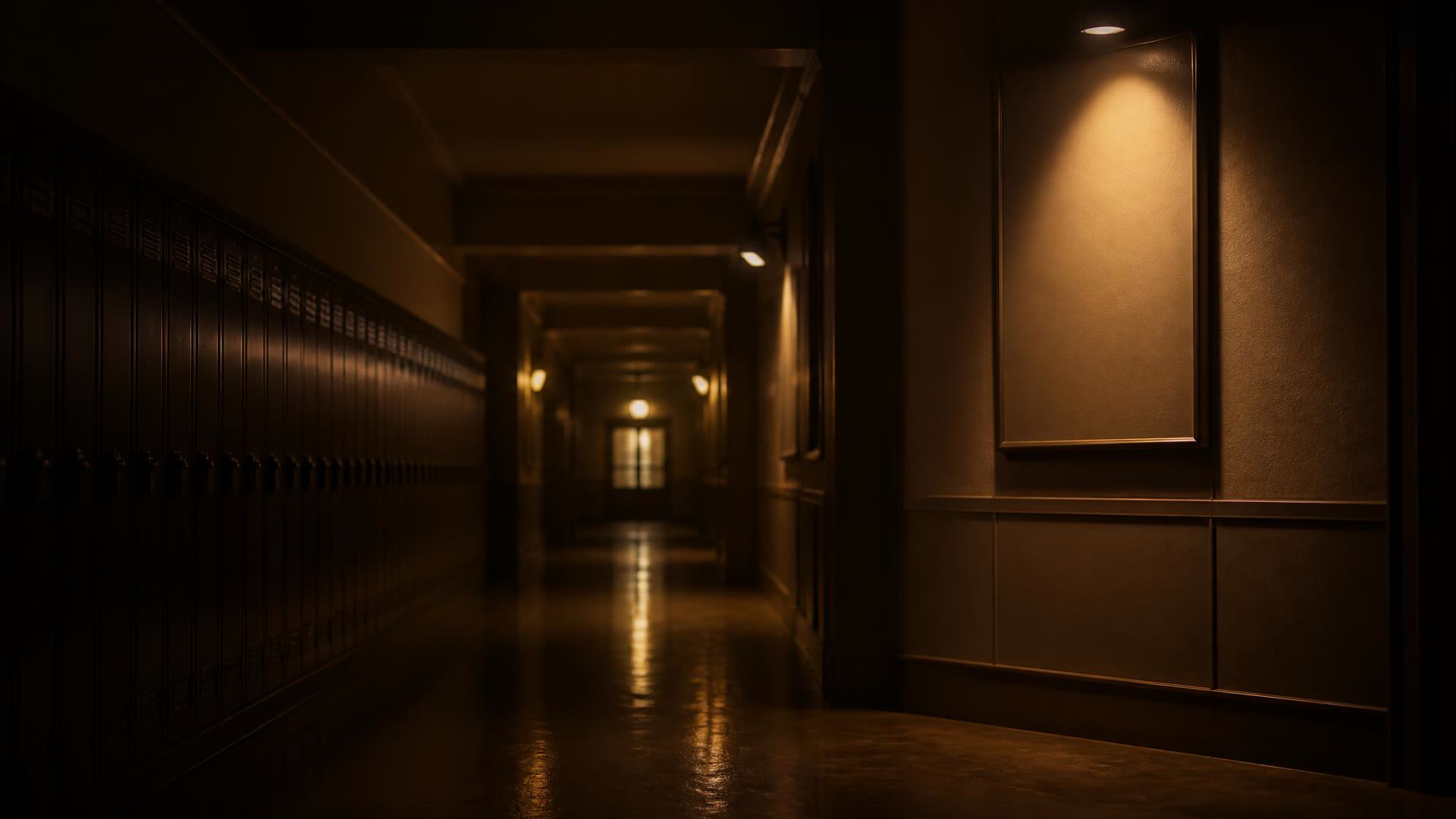 Empty campus corridor with a lit panel