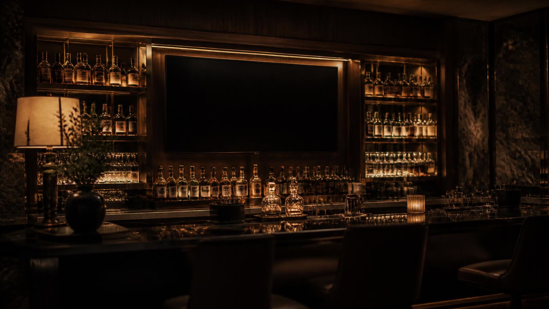 Hotel bar at night with a wide display behind it