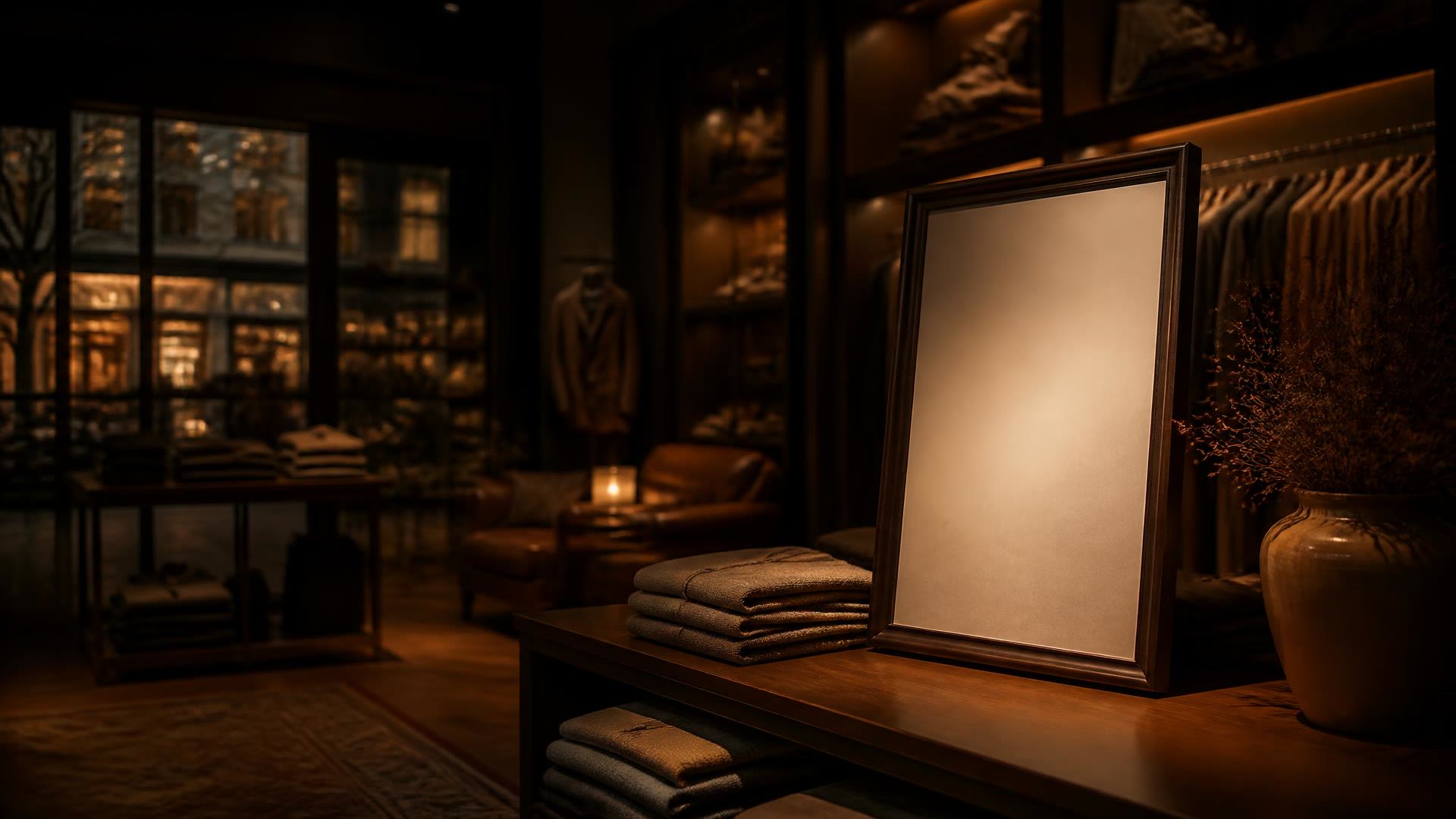 Retail floor at dusk with a blank portrait display